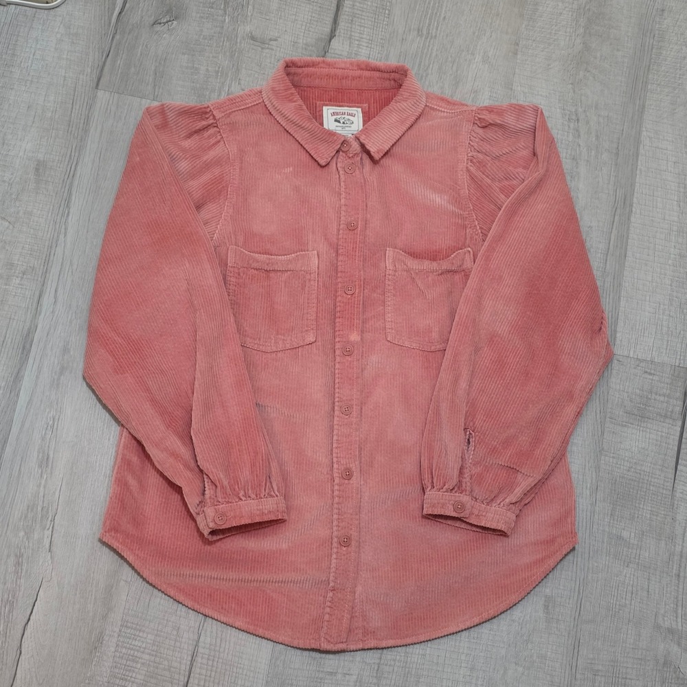American Eagle Women's Medium Pink Corduroy Button Down Shirt Puff Sleeve